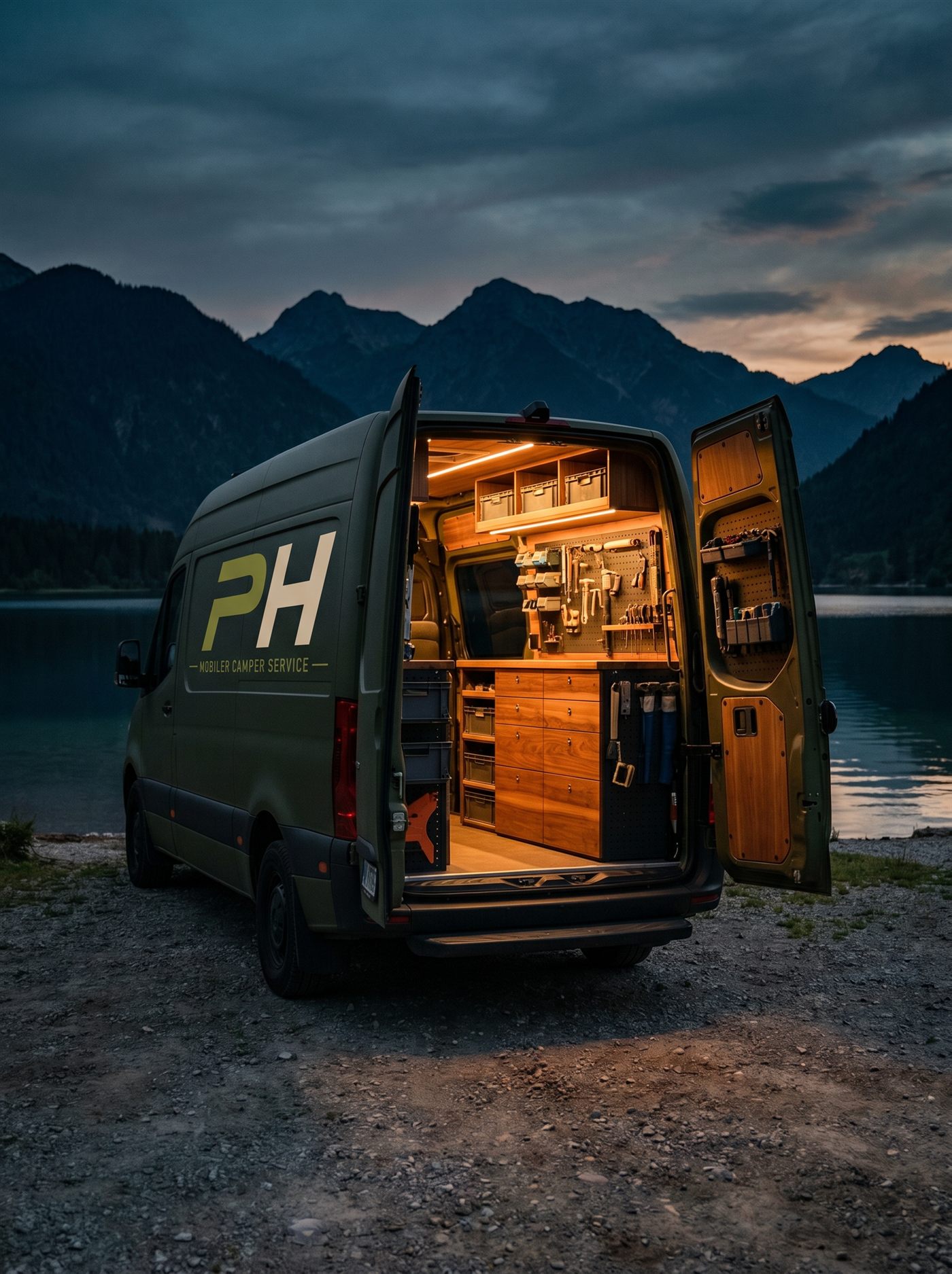 Offener PH Service-Van mit mobiler Werkstatt am Bergsee in der Dämmerung